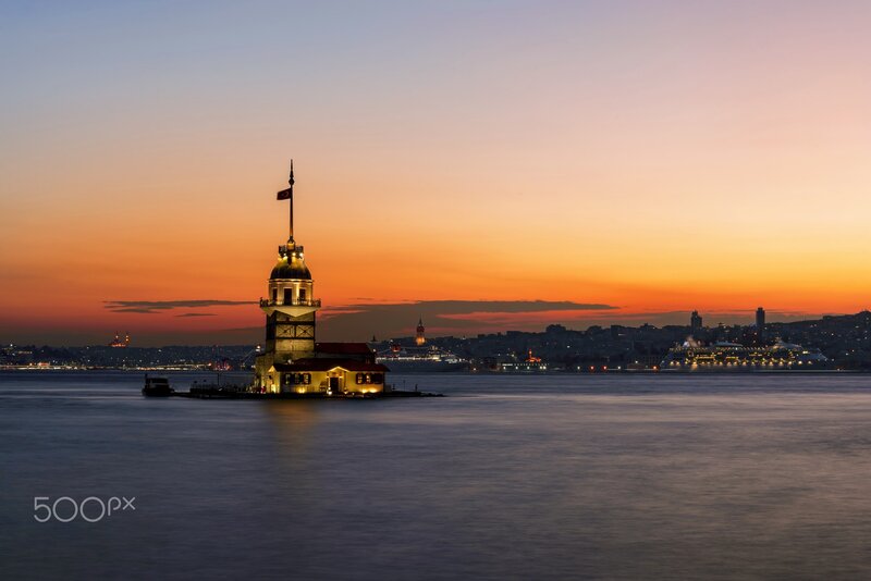 Maiden's Tower at Dusk — Orange, Serene, Sunset