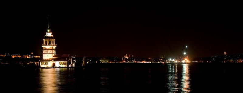 Maiden's Tower at Night — Black, Serene, Photograph, City Skyline