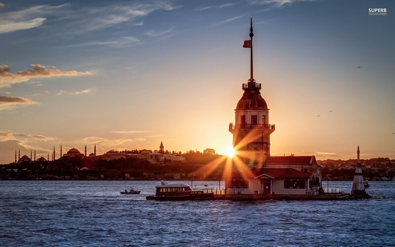 Maiden's Tower at Sunset — Blue, Serene, Photograph, City Skyline