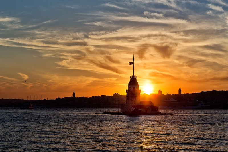 Maiden's Tower at Sunset — Orange, Dramatic, Photograph, City Skyline, Cruise Ship