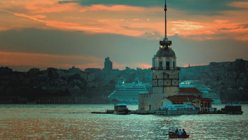 Maiden's Tower at Sunset — Orange, Dramatic, Photograph, Cruise Ship, Boats