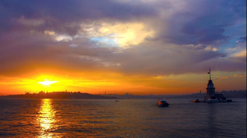 Maiden's Tower at Sunset — Orange, Dramatic, Photograph, Sea, Boat, Yellow