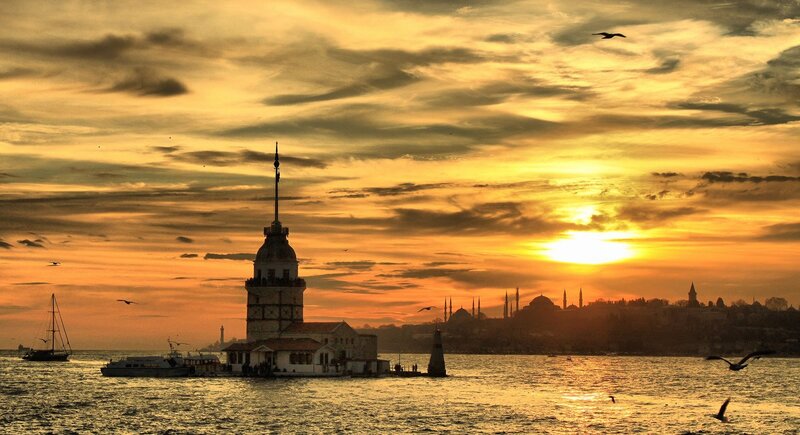 Maiden's Tower at Sunset — Orange, Dramatic, Photograph, Sea