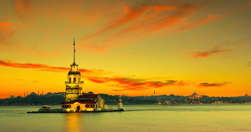Maiden's Tower at Sunset — Orange, Serene, Photograph