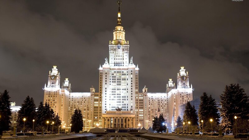 Main Building of Moscow State University — White, Dramatic, Night, Photograph