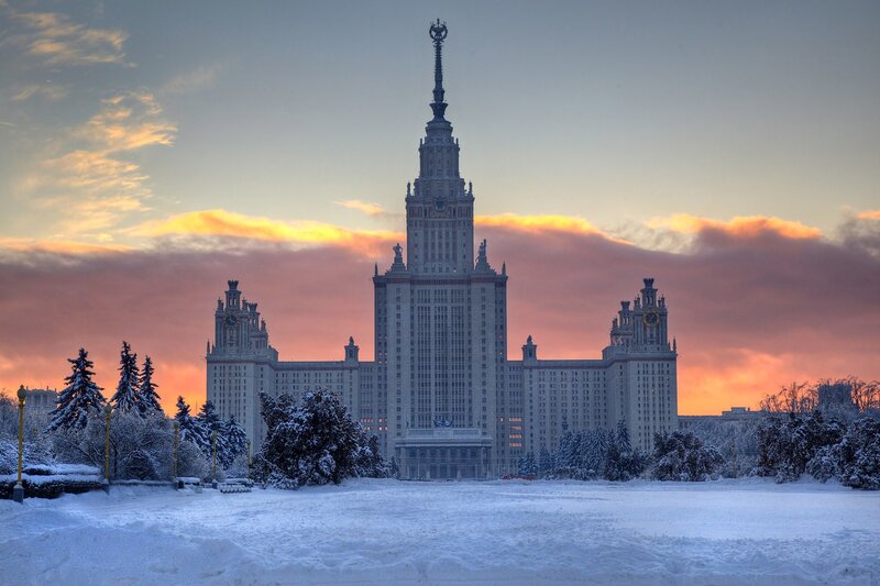 Main Building of Moscow State University — White, Dramatic, Winter