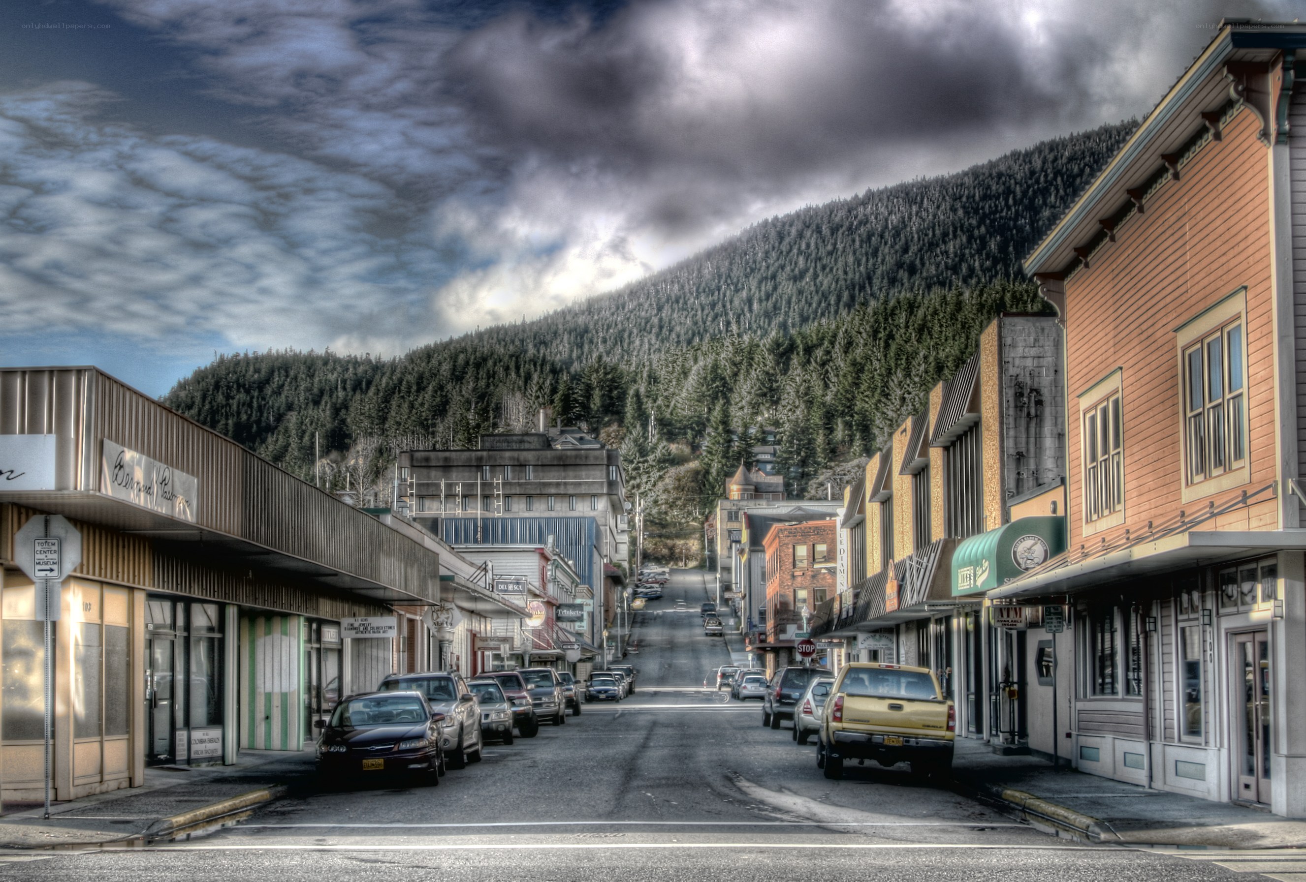 Main Street in a mountain town