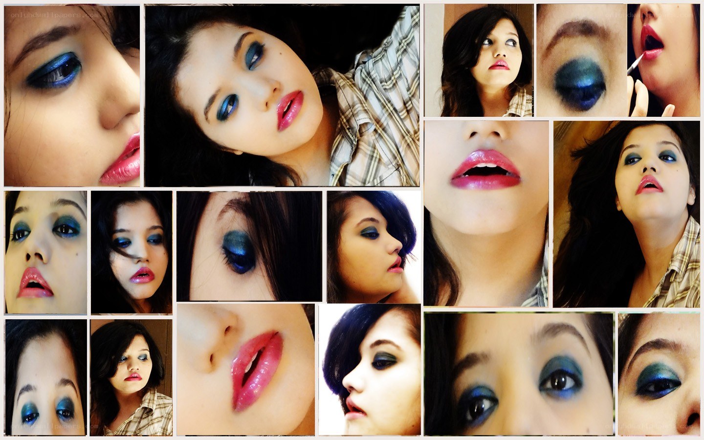 makeup collage with blue eyes