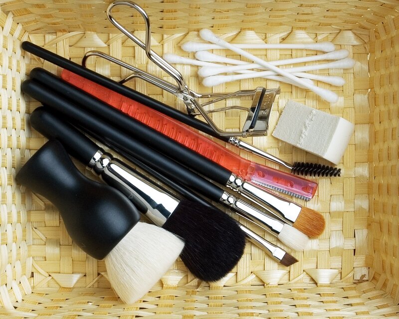 makeup tools in a basket