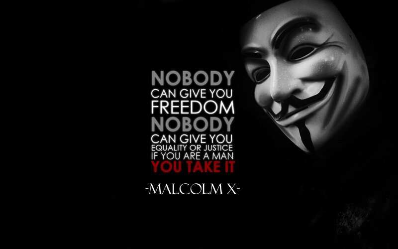 Malcolm X quote with Guy Fawkes mask
