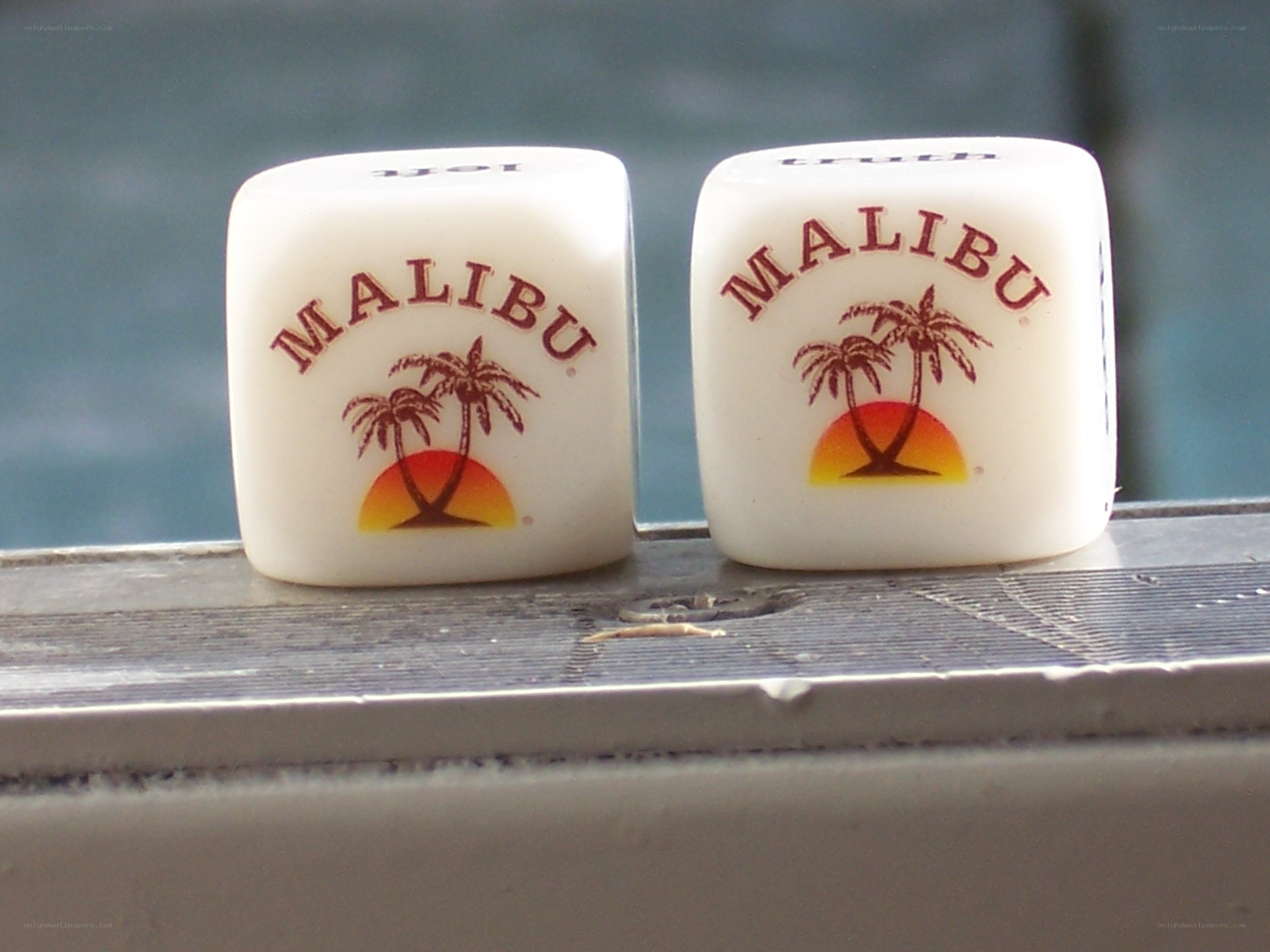 Malibu-branded dice on a railing