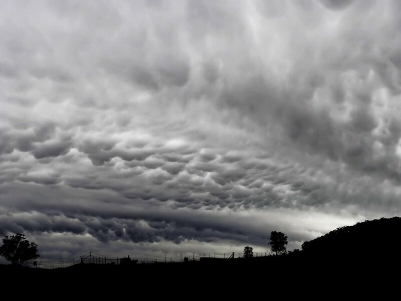 Mammatus clouds over landscape
