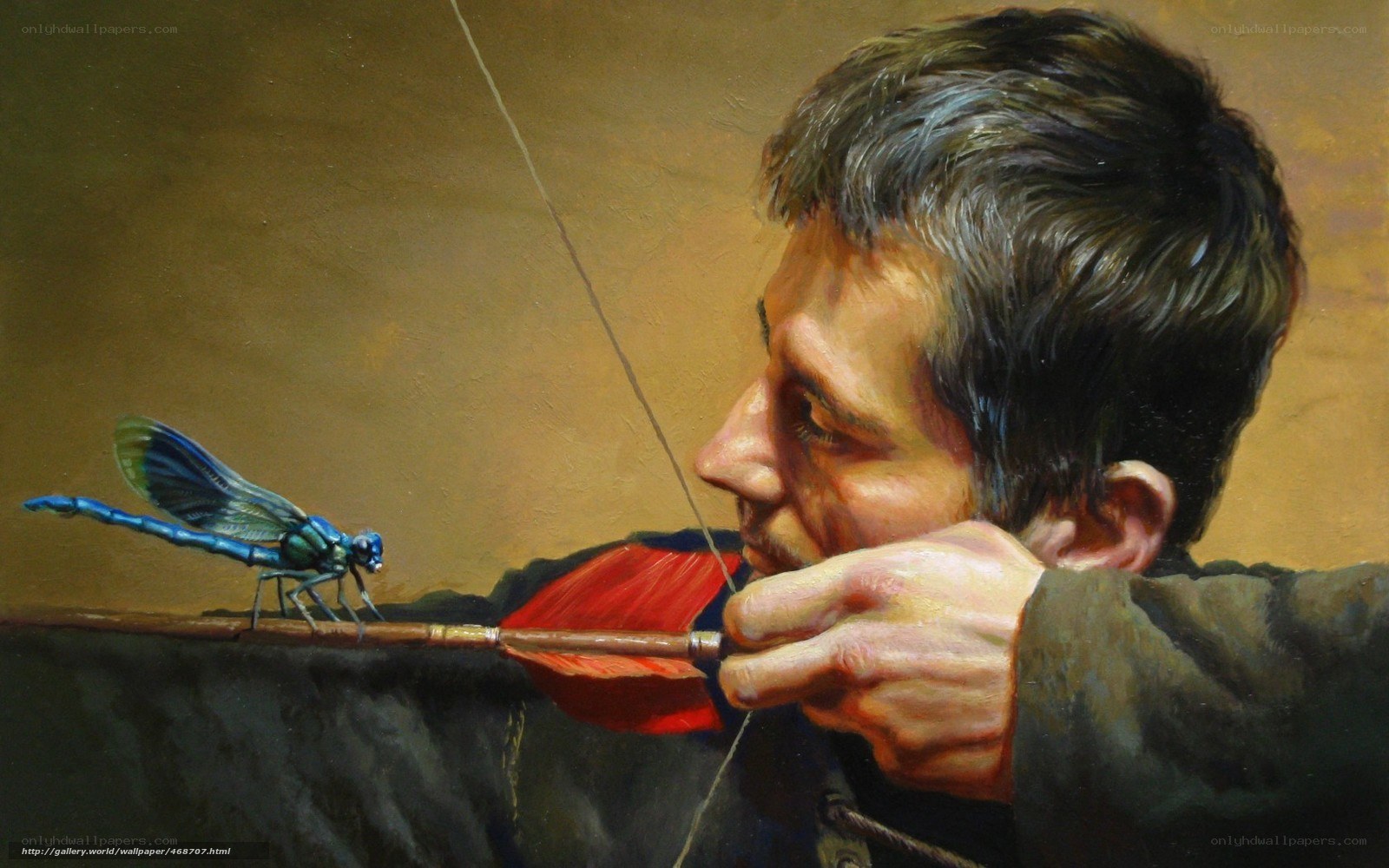 man aiming bow at dragonfly