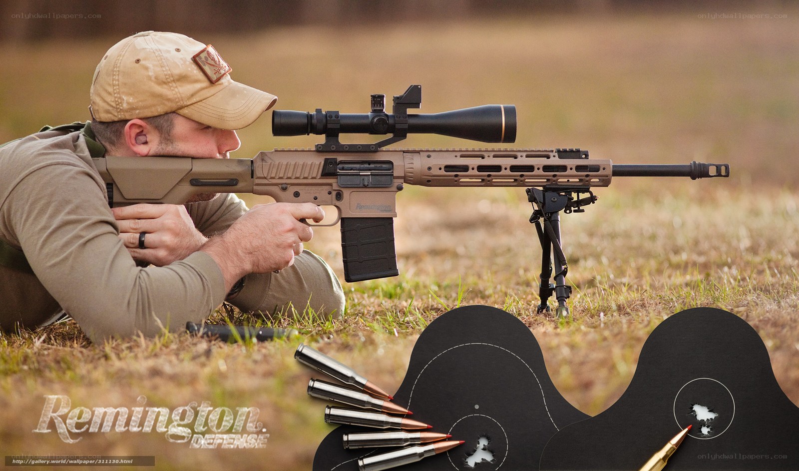 Man aiming rifle at target