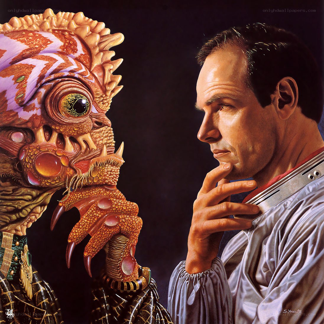 man and alien face-to-face