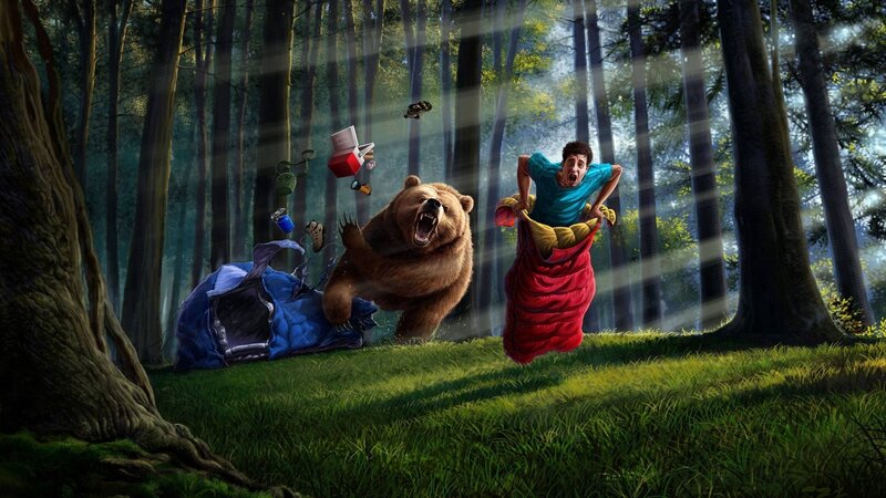 Man and Bear in Forest — Green, Dramatic