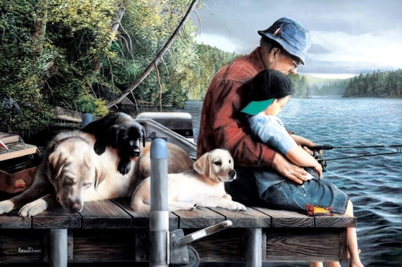 Man and Boy Fishing — Blue