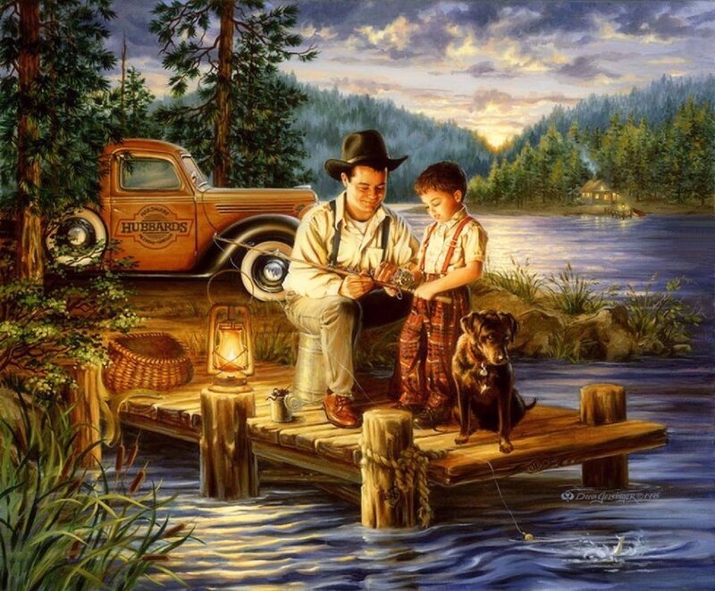 Man and Boy Fishing — Brown