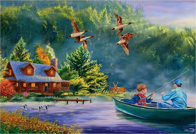 Man and Boy Fishing — Green, Serene, Morning