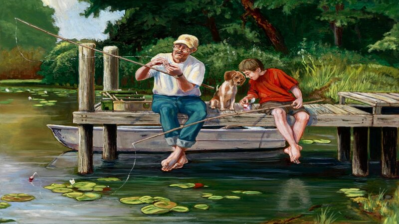 Man and Boy Fishing — Green, Serene