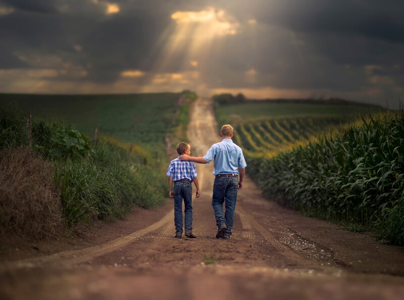 Man and Boy Walking — Brown, Dramatic