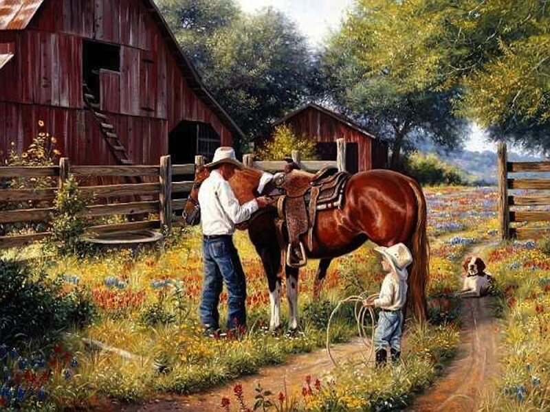 Man and Boy with Horse — Brown