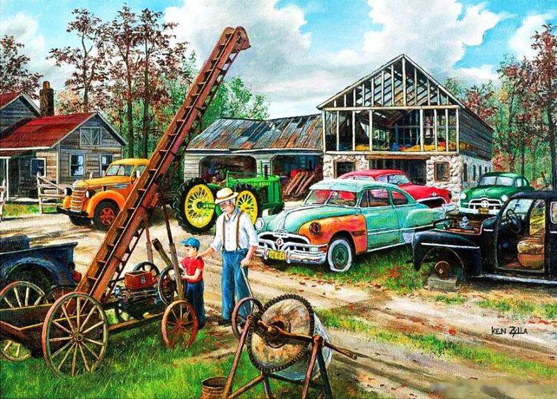 Man and Boy with Vintage Vehicles