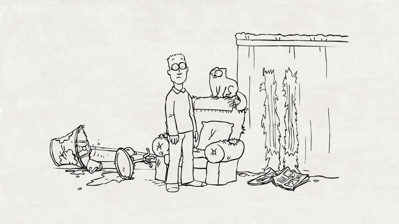 Man and cat in messy room