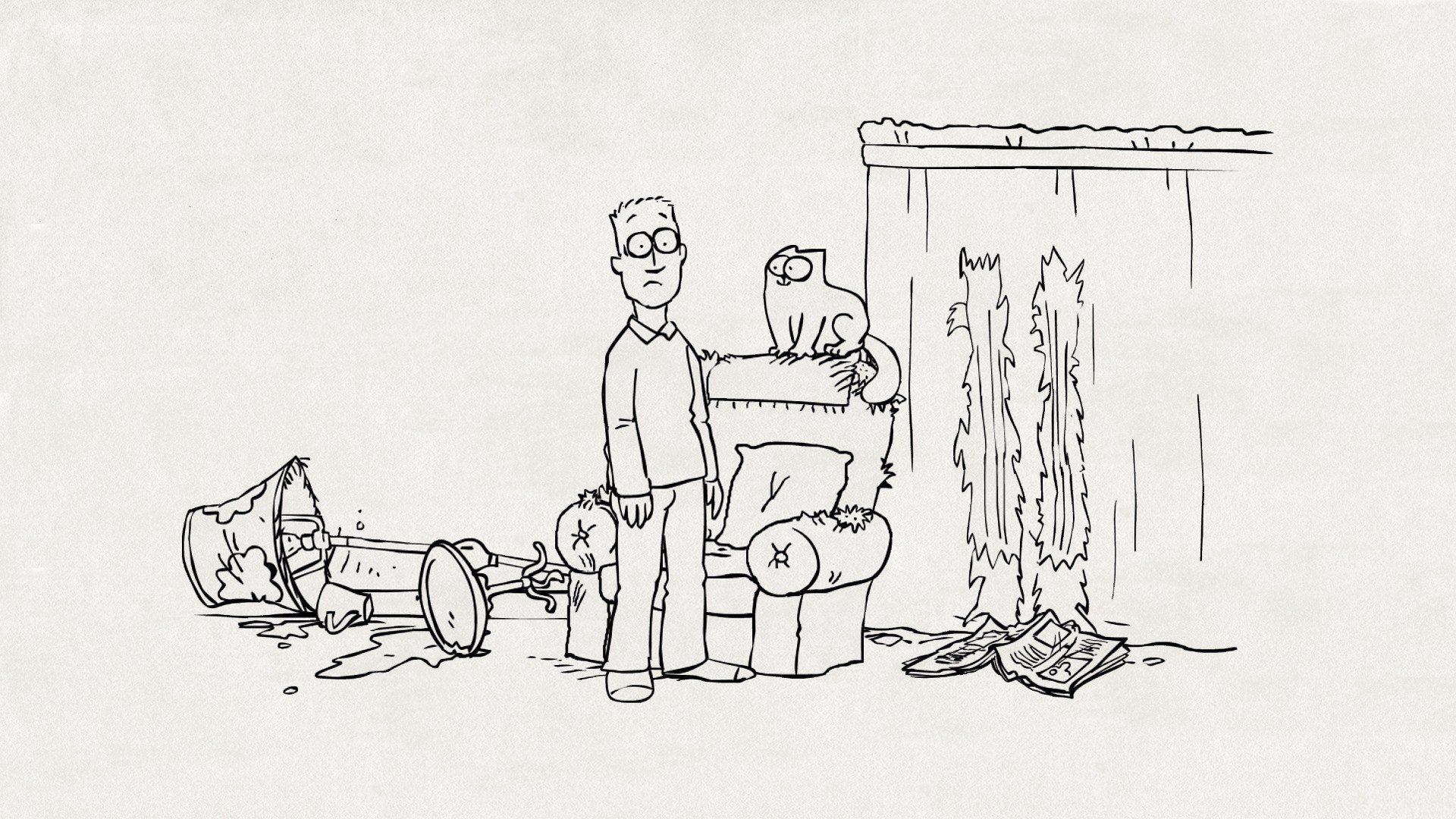 Man and cat in messy room
