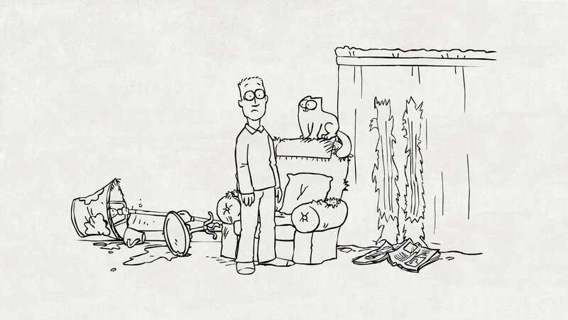 Man and cat in messy room