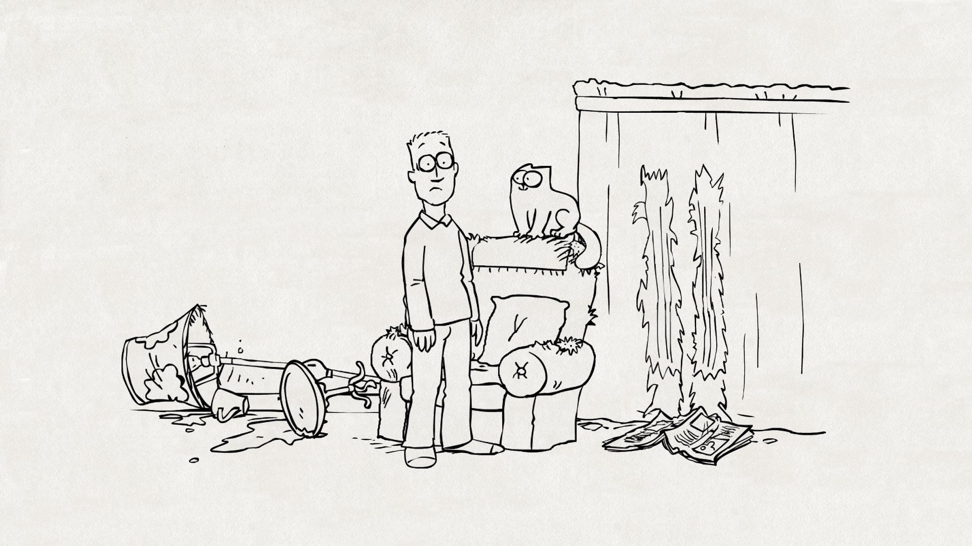 Man and cat in messy room