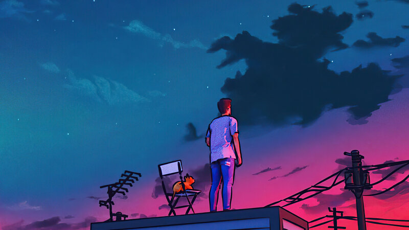 Man and Cat on Rooftop