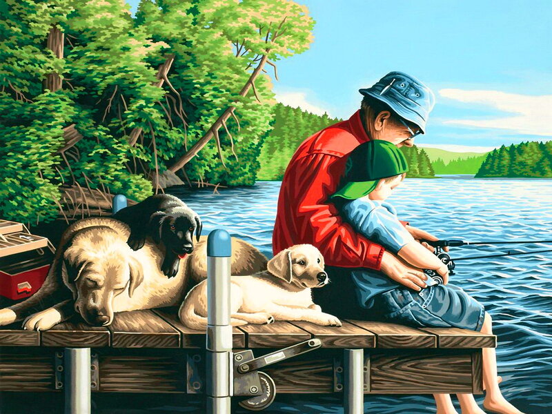Man and Child Fishing — Blue