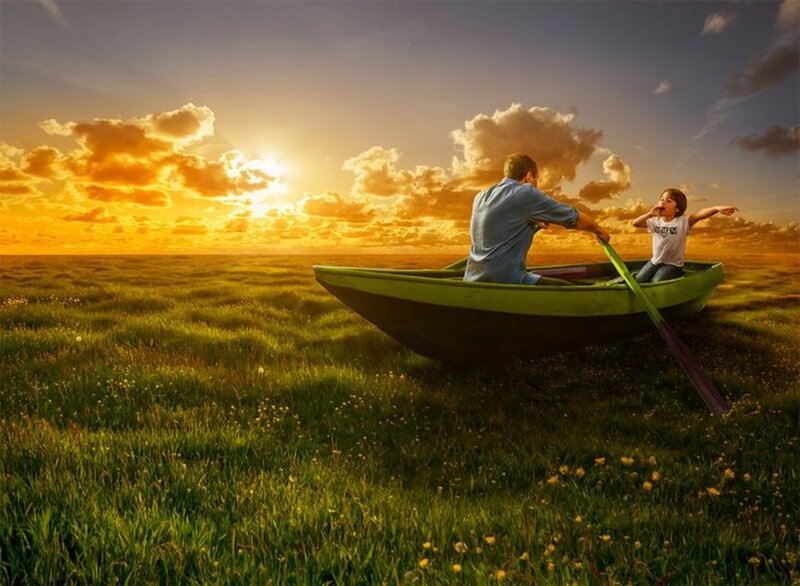 Man and Child in Boat — Green