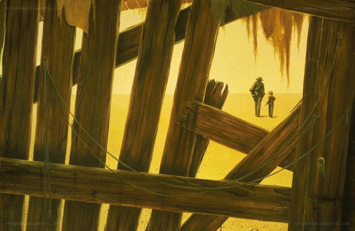 Man and child in desert landscape