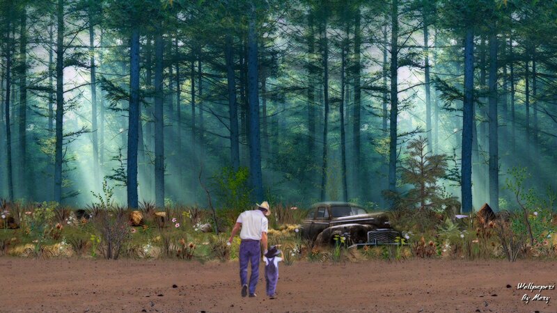 Man and Child in Forest — Green