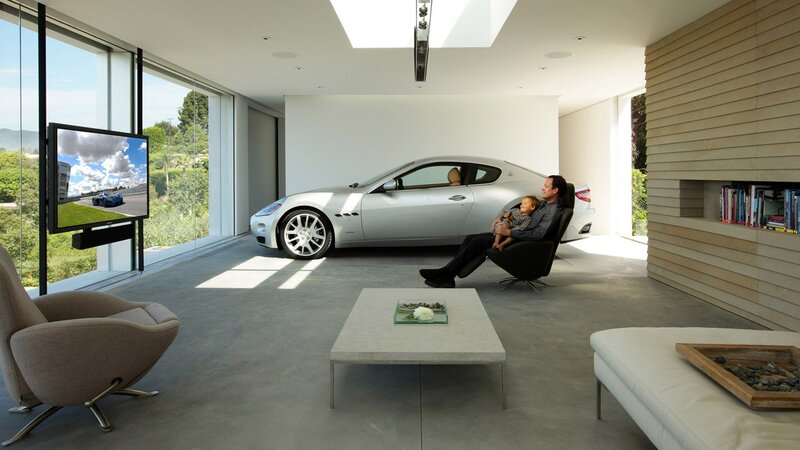 Man and child in modern living room