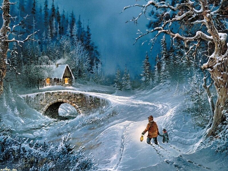 Man and Child in Snow — Blue