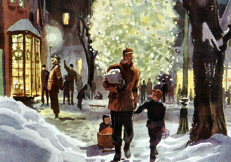 Man and Child in Snow — Brown