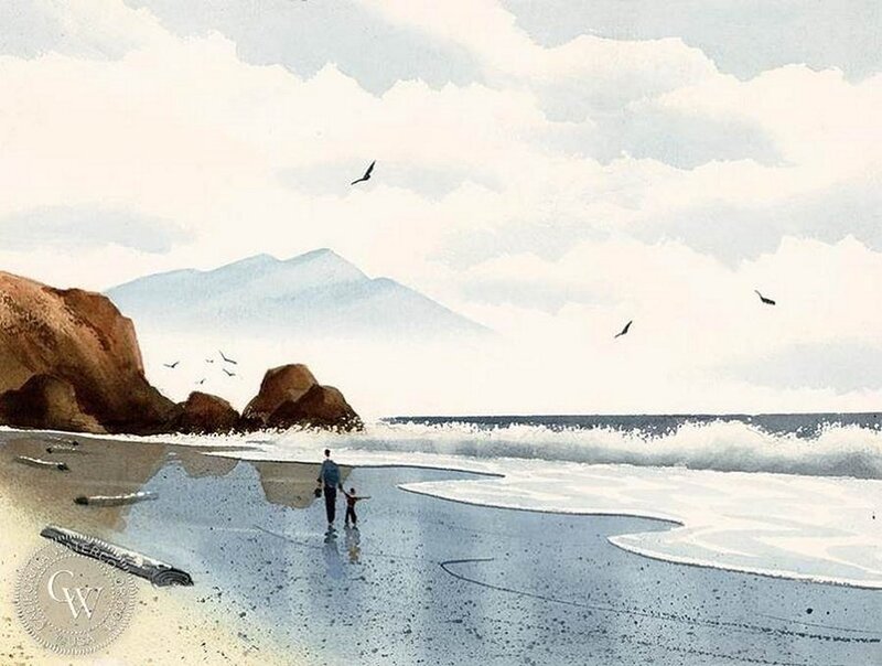 Man and Child on Beach — Blue