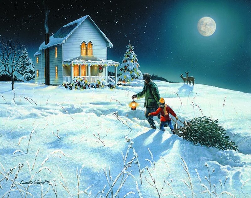 Man and Child Pulling Tree