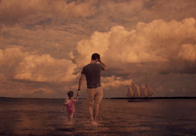 Man and Child Walking — Brown, Dramatic