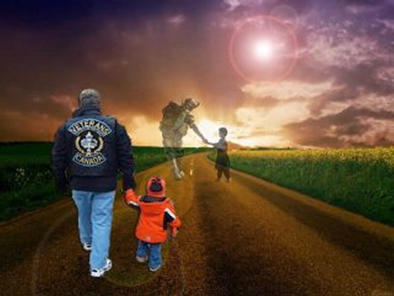 Man and Child Walking — Green, Dramatic