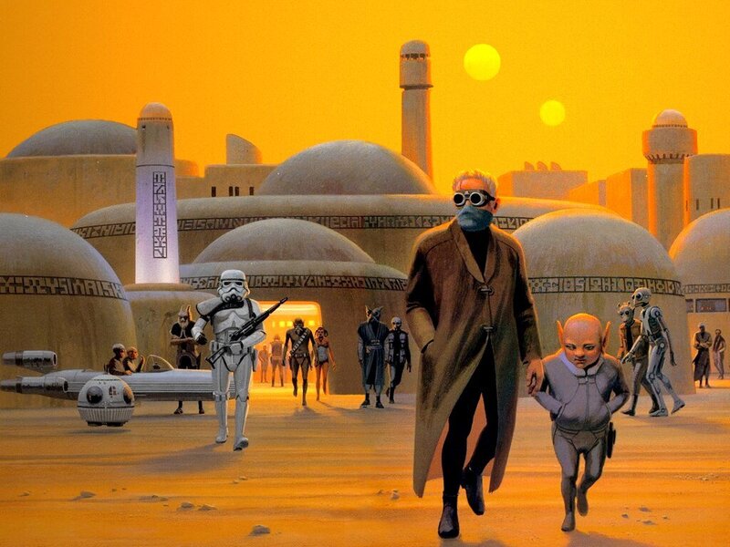 Man and Child Walking — Orange