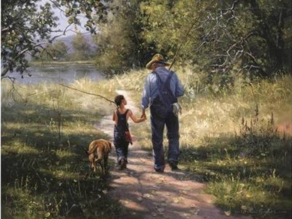 Man and child walking with dog