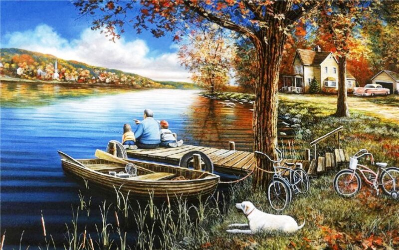 Man and Children Fishing — Blue
