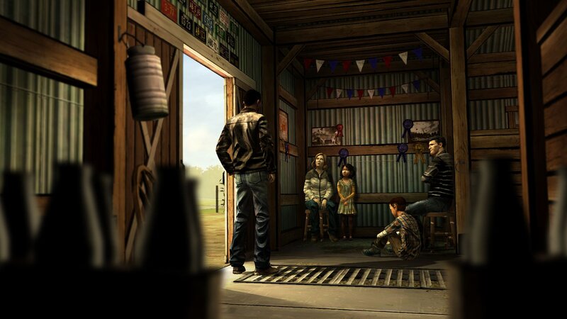 Man and Children in Barn — Brown
