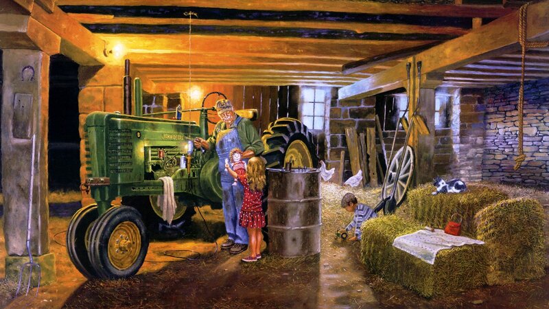 Man and Children in Barn