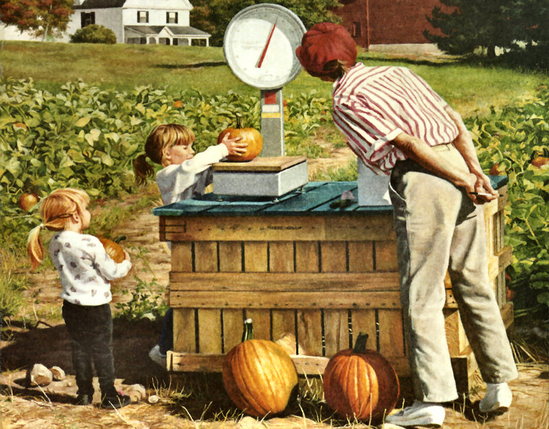 Man and Children Weighing Pumpkins