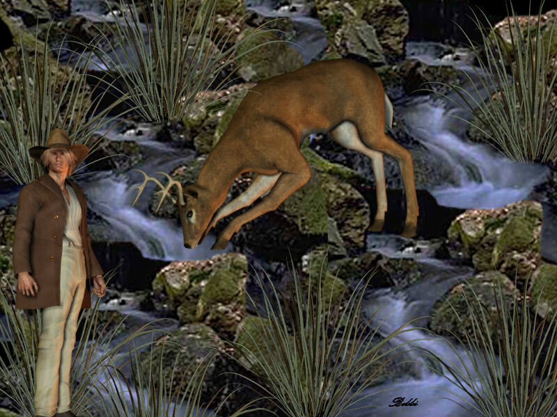 Man and deer by a stream